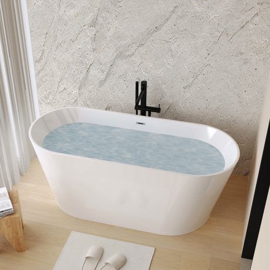 59 Acrylic Freestanding Bathtub, Stand Alone Soaking Tub, Glossy White Acrylic, Toe-tap Chrome Drain, CUPC Certified
