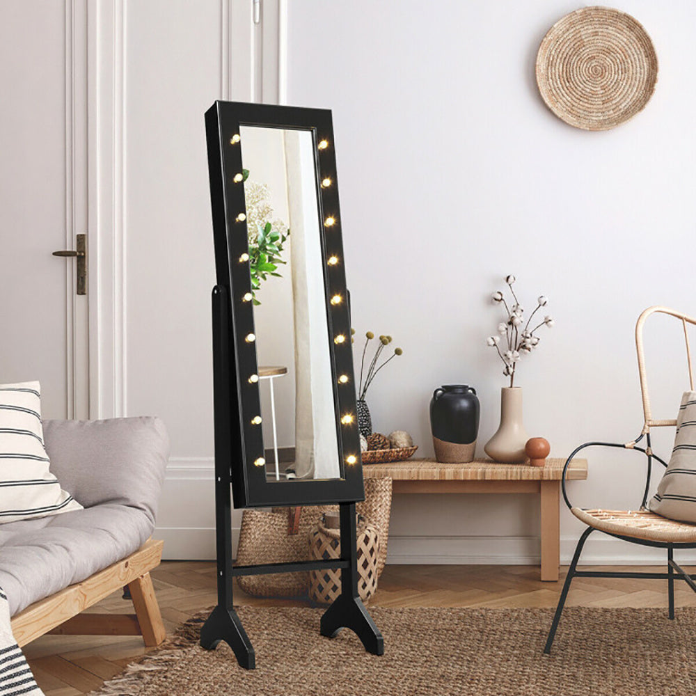 Mirrored Standing Jewelry Armoire Cabinet With LED Lights - CJDS