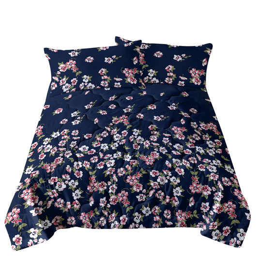 3pc Dark Blue Floral Bedding Comforter Set Including 1 Comforter Set And 2 Pillowcases Suitable For All Seasons