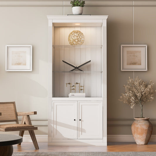 78.75 H 4-Tier Display Shelf, With 5-Colors Dimmable Ceiling Light, Freestanding Farmhouse Bookcases With Storage & Doors, Bookshelf With Adjustable Glass Shelves For Home & Office - White