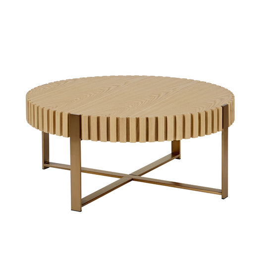 Modern Handcraft Drum Coffee Table 31.5 Inch Round Coffee Table For Living Room,Small Coffee Table With Sturdy Pedestal,Natural Ash