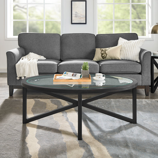 Modern Simple Glass Coffee Table, Tempered Glass Coffee Table Solid Wood Base Round Transparent Glass Top Modern Living Room Terrace Study Coffee Table