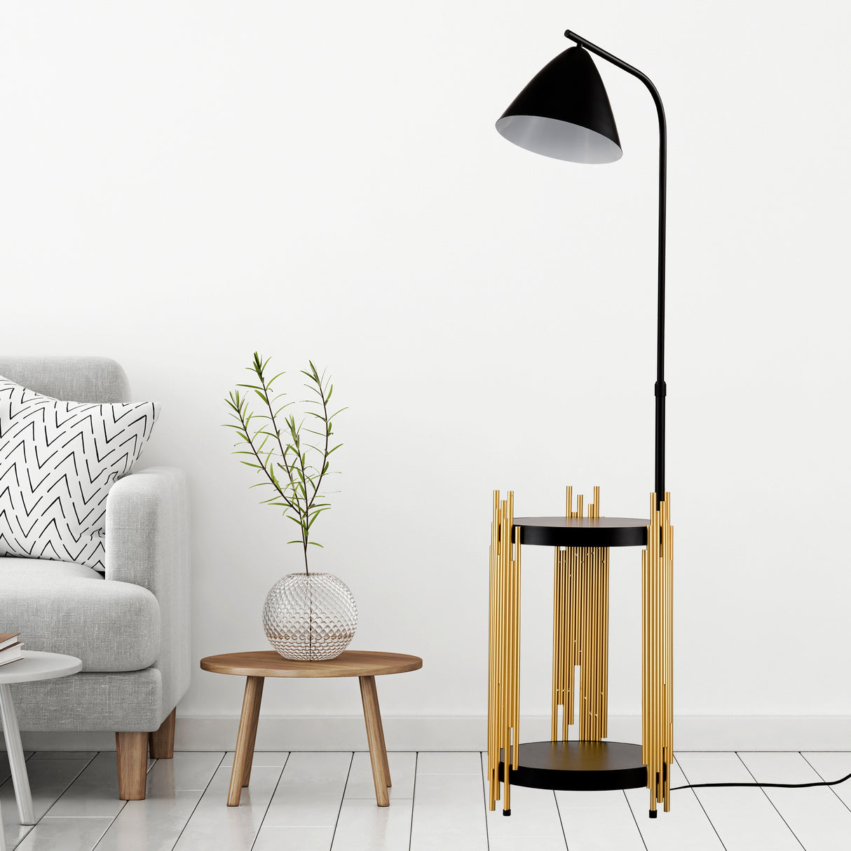 Luxury Shelves Floor Lamp For Living Room With Metal Lampshade, Standing Lamp Tall Industrial Floor Lamp Reading For Bedroom, Office E26 No Included Bulb -Matte Gold Matte Black - CJDS
