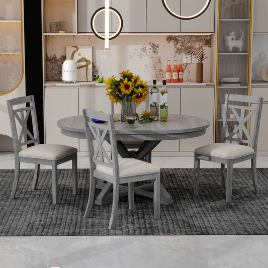 TREXM 5-Piece Retro Functional Dining Table Set Extendable Round Table And 4 Upholstered Chairs For Dining Room And Living Room Grey