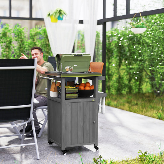 Outdoor Grill Cart with Stainless Steel Top, Solid Wood Outdoor Kitchen Island with Wheels, Integrated Hole, Dark Gray