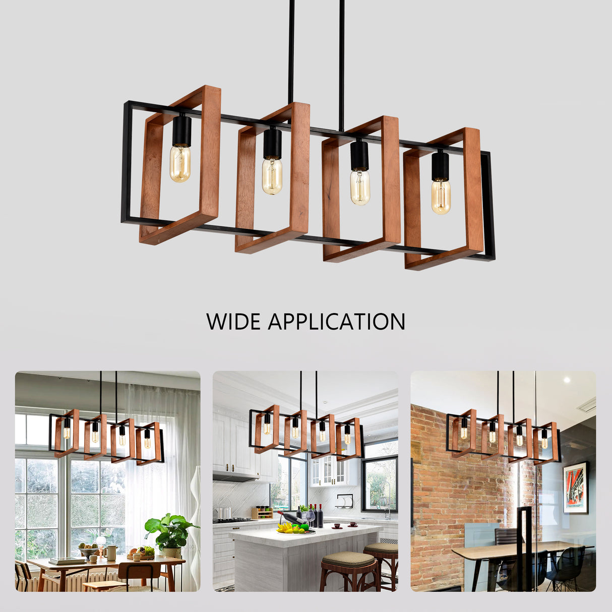4-Light Kitchen Island Lights Pendant Light Farmhouse Dining Room Light Fixture, Rustic Wood And Black Metal Rectangular Chandelier, Hanging Lighting For Living Room,Conference Room, Home Office - CJDS