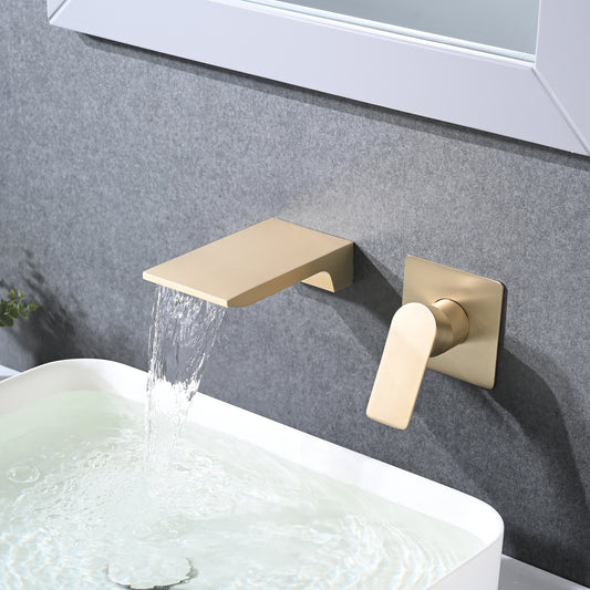 Wall Mount Waterfall Bathtub Faucet With Easy Single Handle Control, Durable Brushed Gold Finish, Modern Design