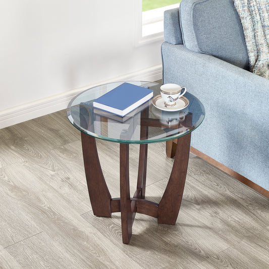 23.5 Inch Round Glass Coffee Table, Cherry Round Coffee Table Center Table With Glass Top, Small Coffee Table For Living Rooms, Offices And Apartments