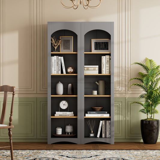 ON-TREND Free Standing 5 Tier Bookshelves, Bookcases Set Of 2, Farmhouse Two-Tone Storage Cabinet With Adjustable Shelves, Modern 72H Kitchen Pantry Cabinet For Living Room, Home Office, Grey
