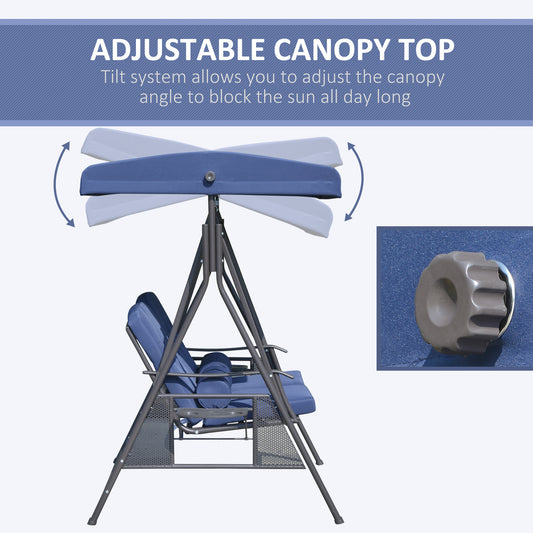 2-Person Patio Swing Bench With Adjustable Shade Canopy, Soft Cushions, Throw Pillows And Tray, Dark Blue