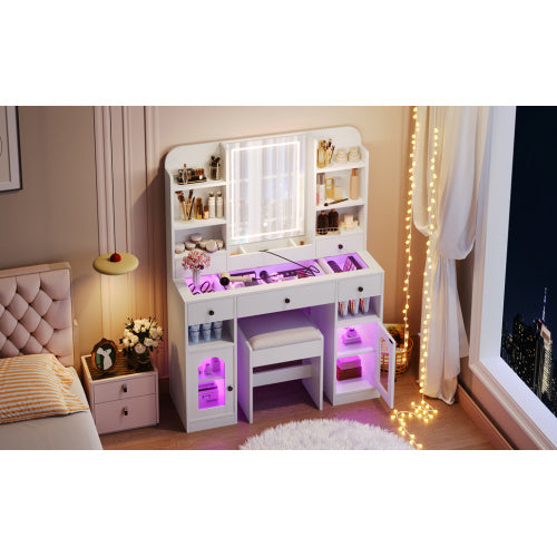 43.2 Vanity Desk With LED Mirror And Lights, Glass Top Vanity With RGB Glass Light Cabinets, Dressing Table With 5 Drawers ,Storage Shelves And Stool For Bedroom, White - CJDS