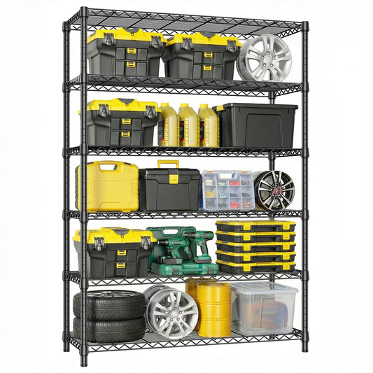 6 Tiers Storage Shelves Load 2100LBS, Metal Shelving Wire Metal Shelving Unit Shelves For Storage Adjustable Garage Shelving For Pantry Kitchen Garage Black 17.7 D X 47.3 W X 82.4 H