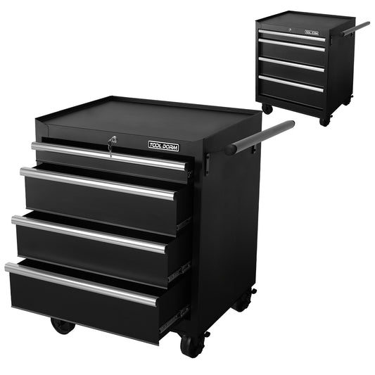 Tool Storage Cabinet And Cart 27Inch Metal Tool Cabinet With 4 Drawer,Rolling Wheel, Ball Bearing Sliders, Black Powder Coating, Suitable For Garage, Warehouse, Workshop