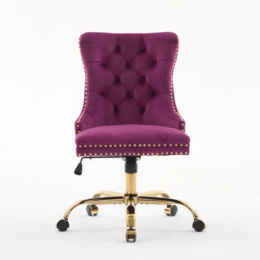 A&A Furniture Office Chair,Modern Velvet Upholstered Tufted Button Home Office Chair With Golden Metal Base,Adjustable Desk Chair Swivel Office Chair Purple