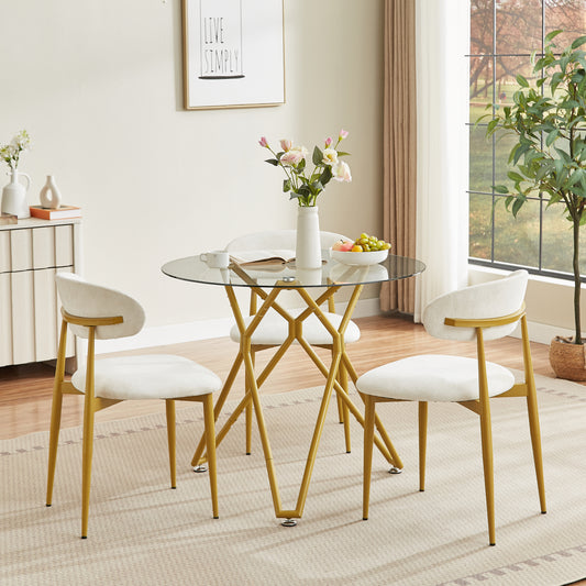 35.4-inch Round Tempered Glass Dining Table, Suitable For 1-4 People, Space-saving Small Kitchen Dining Table, Equipped With Sturdy Metal Table Legs, Suitable For Dining Room, Living Room,Gold