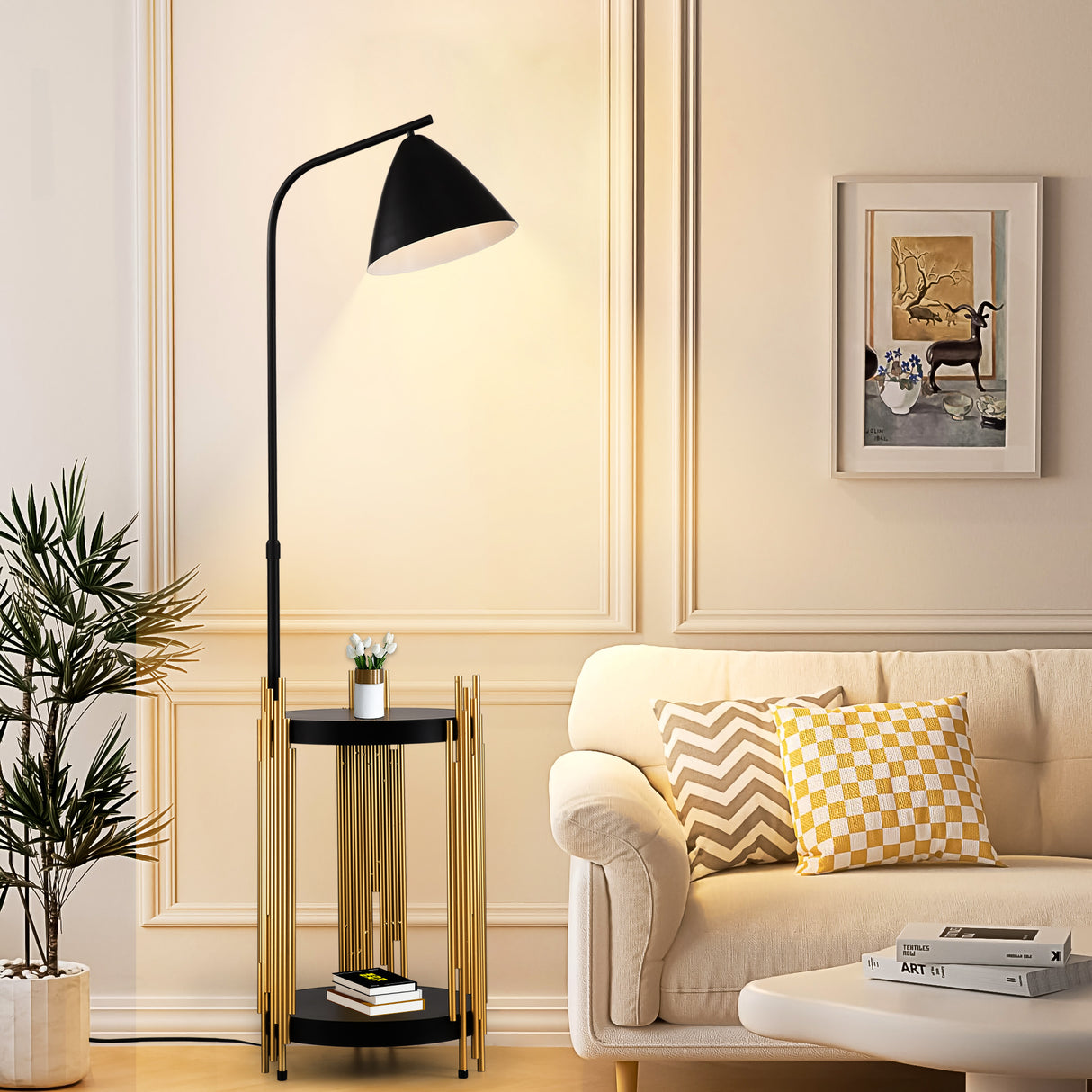 Luxury Shelves Floor Lamp For Living Room With Metal Lampshade, Standing Lamp Tall Industrial Floor Lamp Reading For Bedroom, Office E26 No Included Bulb -Matte Gold Matte Black - CJDS