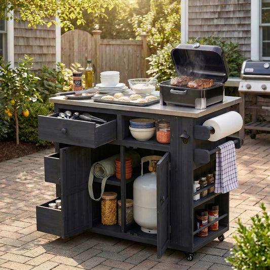 TOPMAx Outdoor Solid Wood Extendable 19.3 28 Kitchen Island Stainless Steel Top Grill Table With Side Spice Rack Kitchen Cart With Drawers Storage Cabinet For Backyard BBQ Party Black