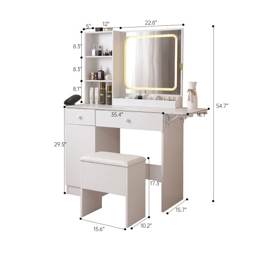 Vanity Desk With Lighted Mirror & Power Outlet, Makeup Vanity Desk With Drawers And Large Storage Cabinet For Bedroom, 3 Lighting Modes Adjustable Brightness, Storage Stool, White - CJDS
