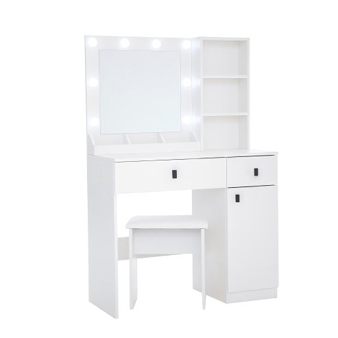 Vanity, Makeup Vanity Desk Set With Mirror Light, Dressing Table Storage Lots With Power Strip, 3 Lighting Modes With Adjustable Brightness, 37 Inches White With Stool - CJDS