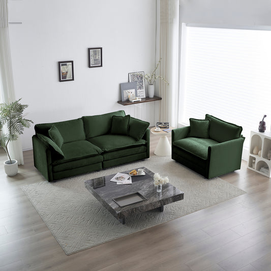2 Seater Loveseat And Chair Set, 2 Piece Sofa & Chair Set, Loveseat And Accent Chair , 2-Piece Upholstered Chenille Sofa Living Room Couch Furniture 1-2 Seat ,Green Chenille