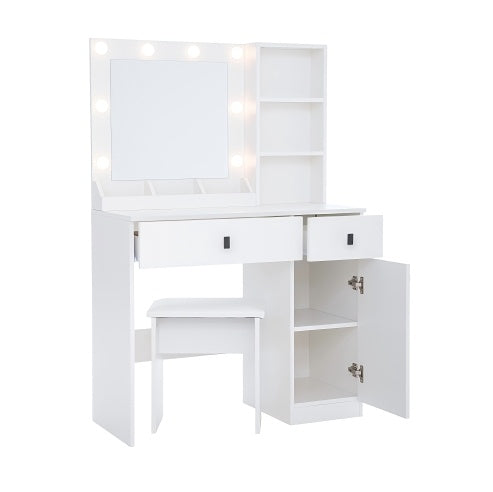 Vanity, Makeup Vanity Desk Set With Mirror Light, Dressing Table Storage Lots With Power Strip, 3 Lighting Modes With Adjustable Brightness, 37 Inches White With Stool - CJDS