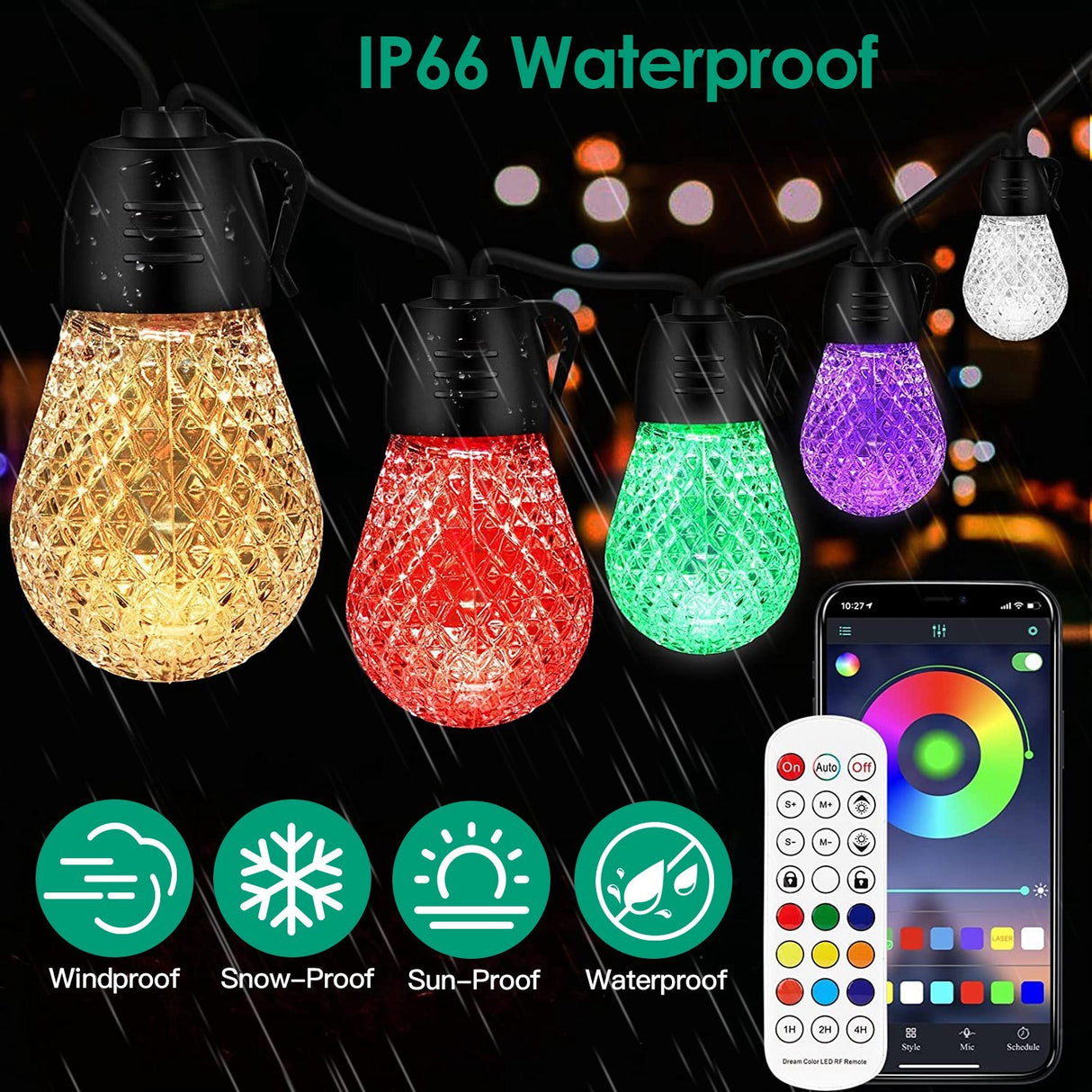 52.5FT Colorful Outdoor String Lights Smart RGB LED Patio Lights IP66 Waterproof Dimmable Hanging Light Bulbs With APP Remote Control 15 Bulbs - CJDS - FC