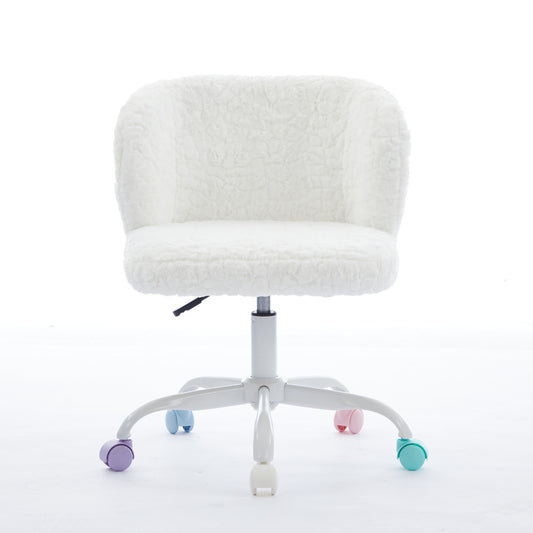 A&A Furniture Office Chair,Artificial Rabbit Hair Home Office Chair With Metal Base,Adjustable Desk Chair Swivel Office Chair,Vanity Chair Ivory