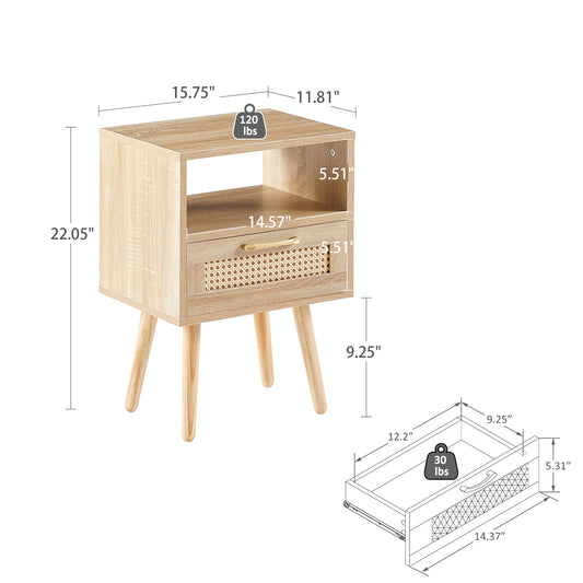Rattan End Table With Drawer Solid Wood Legs Modern Nightstand Side Table