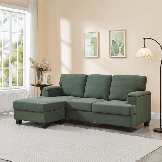 86'' L Shaped Couch With Armrest Organizer,3 Seats Sofas With Movable Ottoman,Comfy Sectional Sofa With Thick Cushion,Linen Sectional Couches For Living Room,Bedroom,Apartment,Dark Green