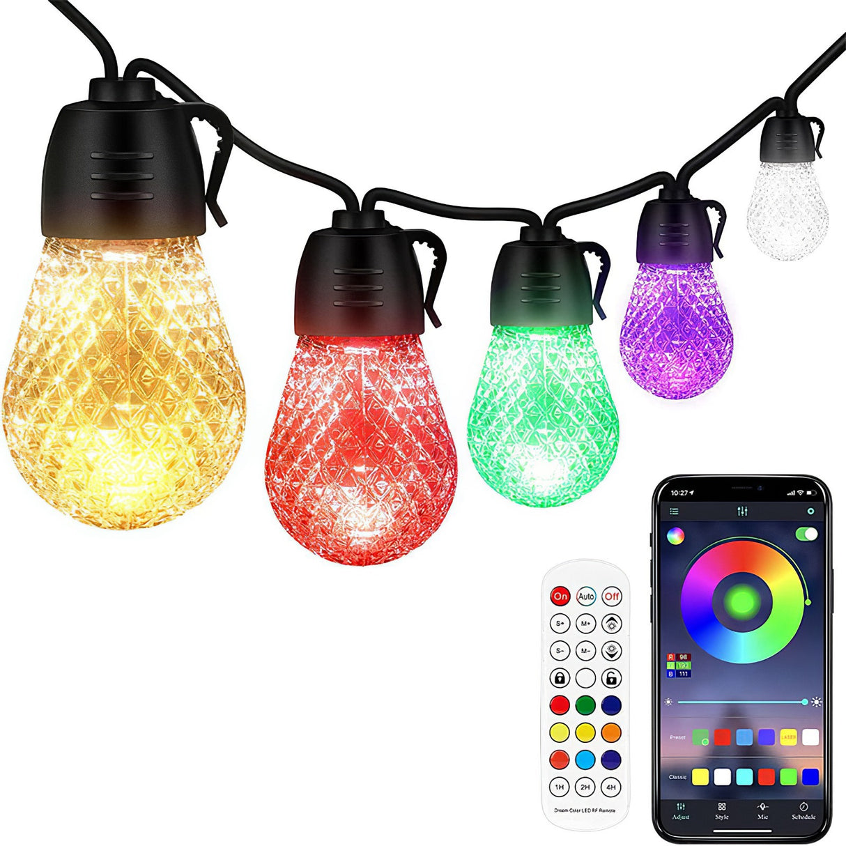 52.5FT Colorful Outdoor String Lights Smart RGB LED Patio Lights IP66 Waterproof Dimmable Hanging Light Bulbs With APP Remote Control 15 Bulbs - CJDS - FC