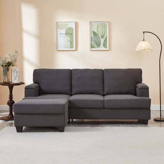 86'' L Shaped Couch With Armrest Organizer,3 Seats Sofas With Movable Ottoman,Comfy Sectional Sofa With Thick Cushion,Linen Sectional Couches For Living Room,Bedroom,Apartment,Dark Gray
