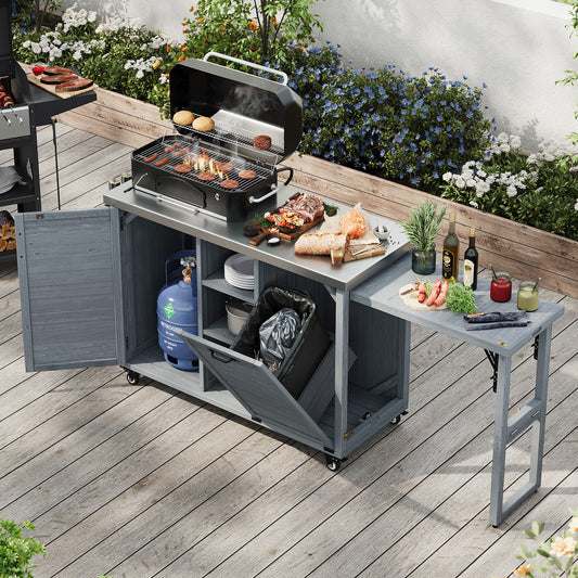 K&K 78.3 Outdoor Kitchen Island With Foldable Grill Table, Wooden Outdoor Grill Cart With Trash Can Storage & Stainless Steel Top, Outdoor Bar Cart, Pizza Oven Table For Lawn & Garden, Grey Blue
