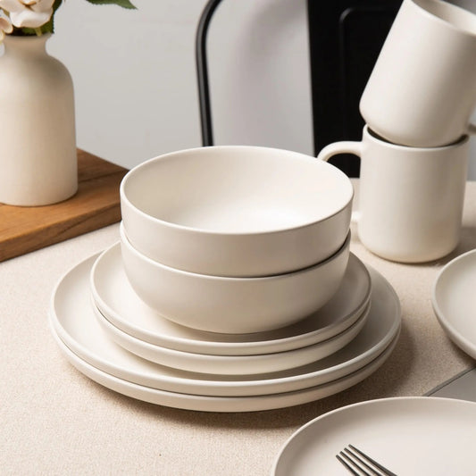 12-Piece Stoneware Dinnerware Sets With Mugs Microwave Dishwasher Safe Non-Toxic Dinner Plates Bowls Set Stackable Matte Glaze Kitchenware For 3