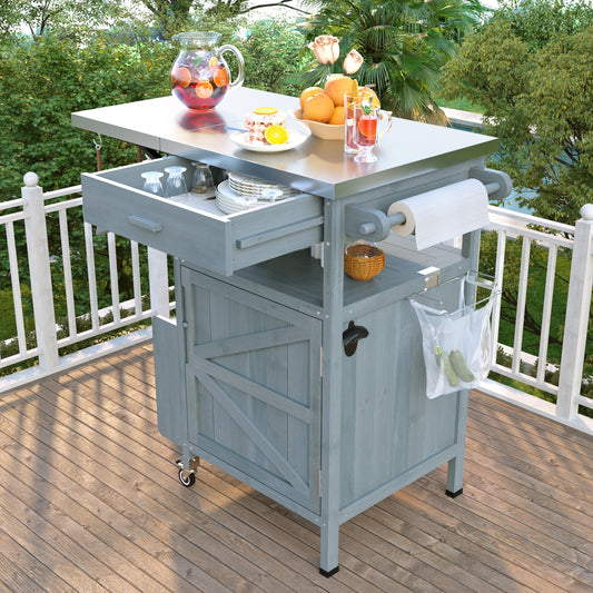 K&K 40.5 Outdoor Grill Cart With Stainless Steel Top, Solid Wood Outdoor Storage Cabinet With Drop Leaf, One Drawer, Towel Rack, Rolling Kitchen Cart With Lockable Wheels For Lawn Garden, Blue Grey