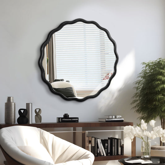 Solid Wood Wavy Mirror-Black Mirror Wall Decor 31 X 31 Modern Mirror Wall Decor For Bathroom, Bedroom, Living Room, Dining Room, Cloakroom, Entryway