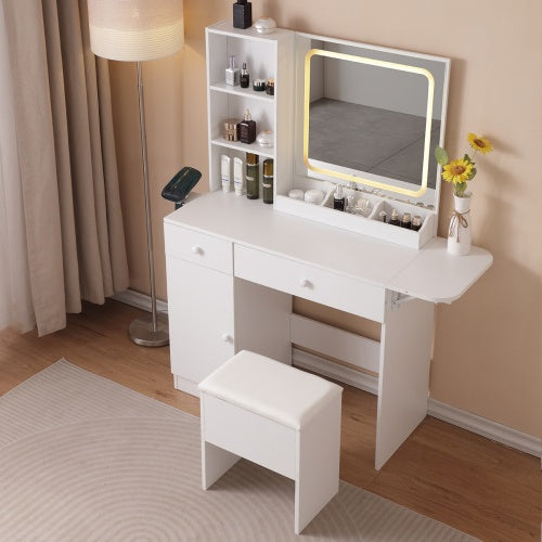 Vanity Desk With Lighted Mirror & Power Outlet, Makeup Vanity Desk With Drawers And Large Storage Cabinet For Bedroom, 3 Lighting Modes Adjustable Brightness, Storage Stool, White - CJDS