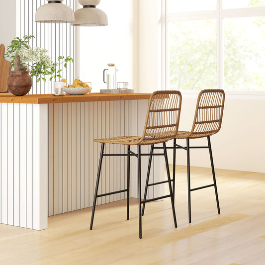 Rattan Counter Bar Stools Set of 2, 26" Counter Height Barstools with Back, Bar Chairs for Kitchen Island, Brown