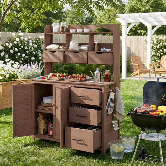 With Assembly Video TOPMAx Farmhouse Patio Potting Bench 44.6 X19.5 Large Freestanding Garden Workstation With 6 Drawers Bottom Cabinet And Side Hook Outdoor Kitchen Island Brown