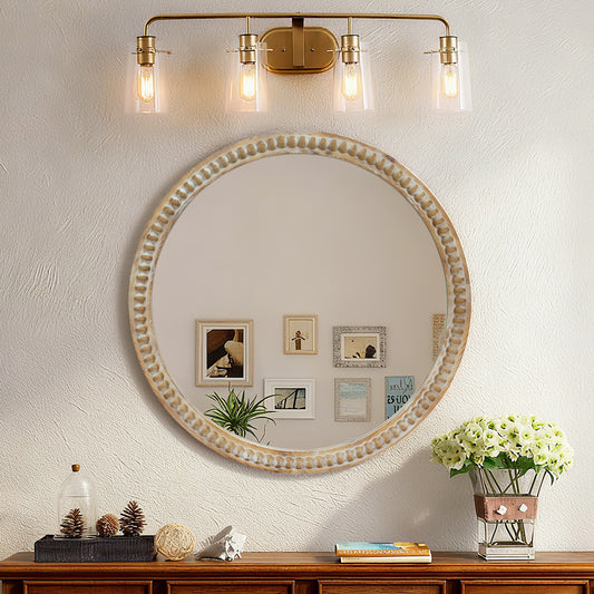 Round Decorative Wall Mirror, 23.62 Distressed Wood Beaded Frame Mirror For Entryway, Living Room, Bathroom, Farmhouse Style Accent Mirror