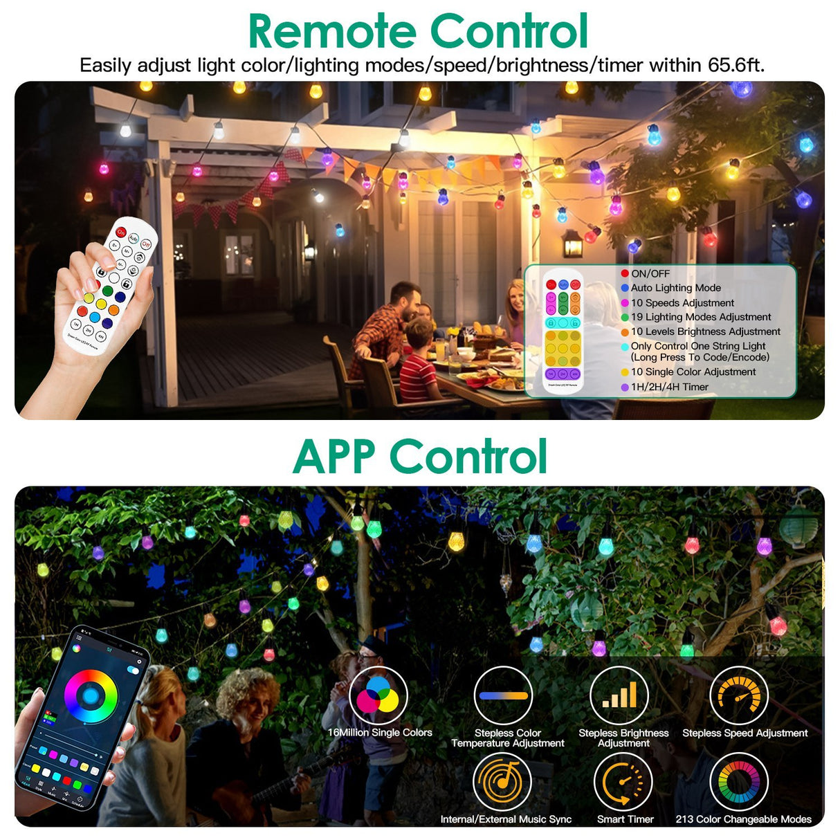 52.5FT Colorful Outdoor String Lights Smart RGB LED Patio Lights IP66 Waterproof Dimmable Hanging Light Bulbs With APP Remote Control 15 Bulbs - CJDS - FC