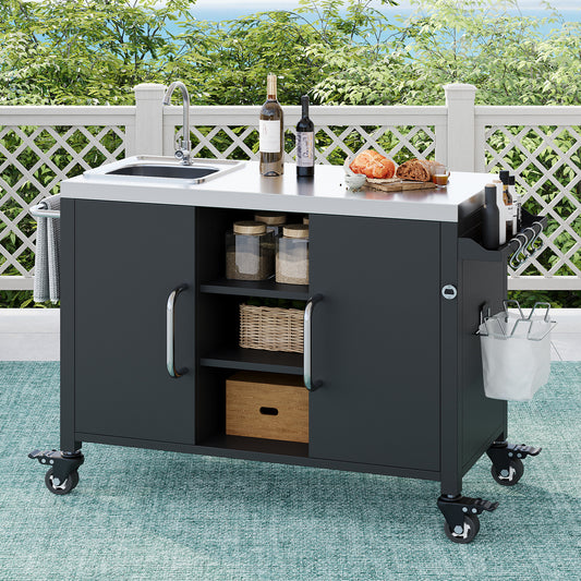 K&K 55.5 Outdoor Kitchen Island With Sink, Metal Grill Cart Table With 304 Stainless Steel Sink, Outdoor Bar Cart Sink Station With 4 Lockable Wheels For Pizza Prep & BBQ, L 55.5 X W 20 H 36.7