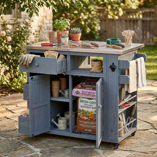 TOPMAx Outdoor Solid Wood Extendable 19.3 28 Kitchen Island Stainless Steel Top Grill Table With Side Spice Rack Kitchen Cart With Drawers Storage Cabinet For Backyard BBQ Party Gray