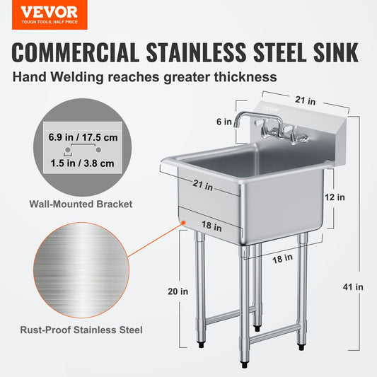 Stainless Steel Prep & Utility Sink – Commercial Single Bowl Free-Standing Station with Faucet & Adjustable Legs