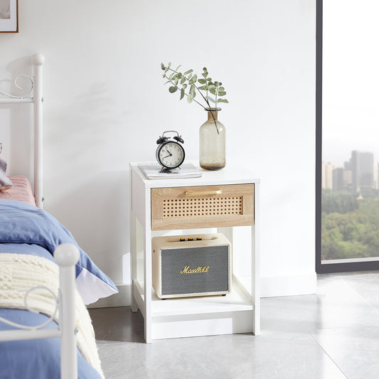 15.75 Rattan End Table With Drawer, Modern Nightstand, Side Table For Living Room, Bedroom,white