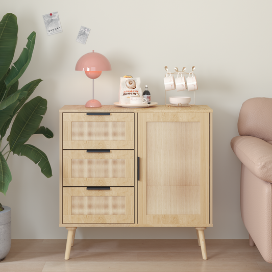 Modern Rattan Wood Dresser Wood Storage Cabinet Sideboard For Bedroom, Living Room, Entryway, Hallway