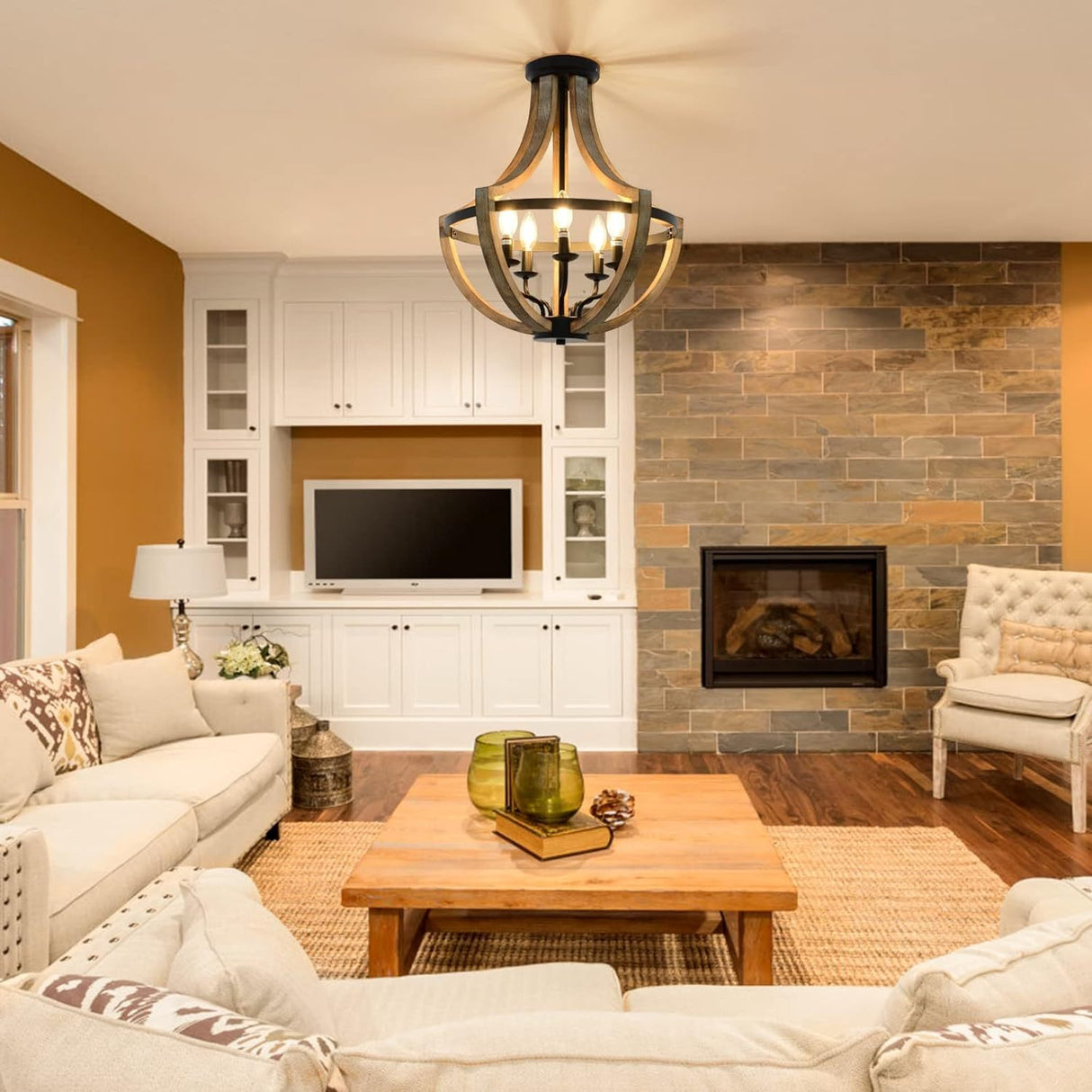 Solid Wood Modern Chandelier For Dining Room, Living Room, Kitchen, Island, Bedroom, Foyer, Height Adjustable, Brown Unavailable Platforms- CJDS