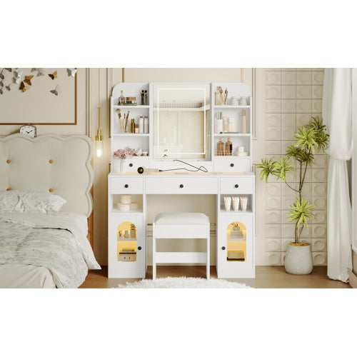 43.2 Vanity Desk With LED Mirror And Lights, Glass Top Vanity With RGB Glass Light Cabinets, Dressing Table With 5 Drawers ,Storage Shelves And Stool For Bedroom, White - CJDS