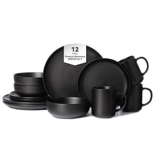 12-Piece Stoneware Dinnerware Sets With Mugs Microwave & Dishwasher Safe Non-Toxic Dinner Plates Bowls Set Stackable Matte Glaze Kitchenware For 3,Black