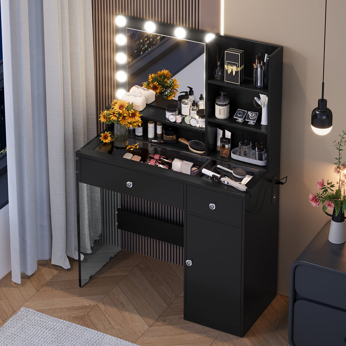 Vanity Desk With Mirror And 3 Lighting Modes, Makeup Vanity With Glass Top And Storage Shelves, Dressing Table With 2 Drawers And Cabinet - CJDS
