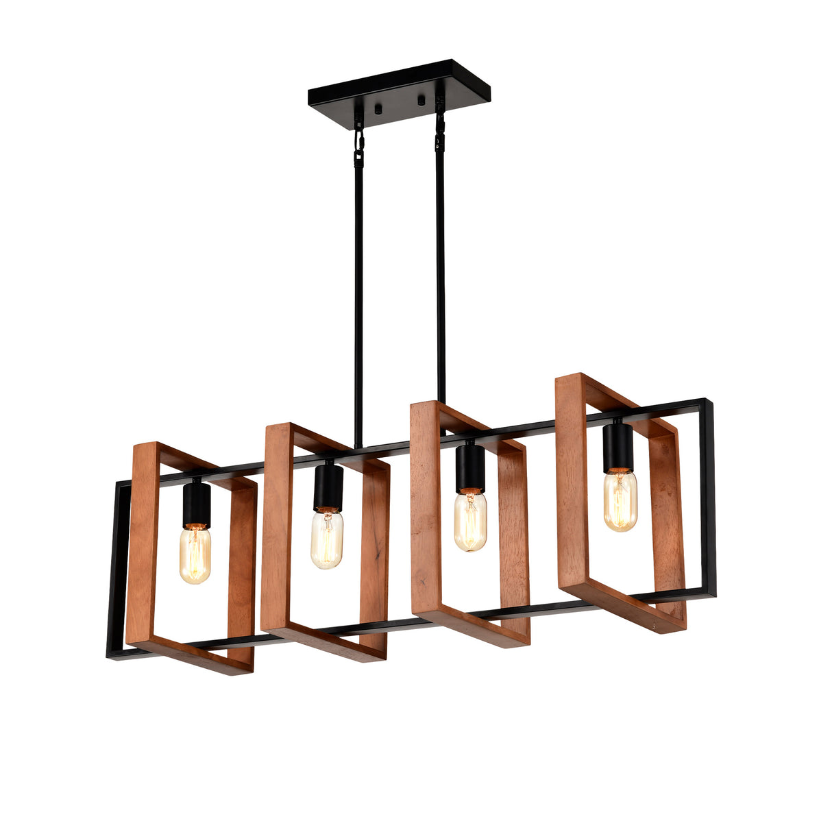 4-Light Kitchen Island Lights Pendant Light Farmhouse Dining Room Light Fixture, Rustic Wood And Black Metal Rectangular Chandelier, Hanging Lighting For Living Room,Conference Room, Home Office - CJDS